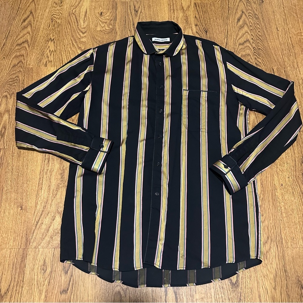 Henrik Vibskov Men's Black Gold Striped button up shirt size XL unique trendy